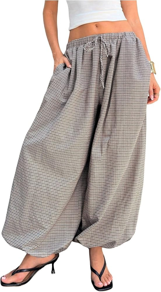 OYOANGLE Women's Gingham Drawstring Waist Baggy Crop Pants Plaid Going Out Trousers with Pockets | Amazon (US)