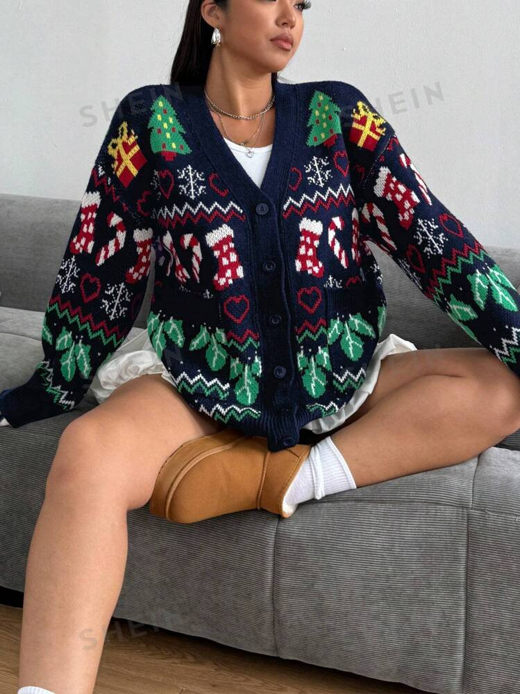 SHEIN EZwear Plus Size Dames Herfst/Winter Losse Gebreide Cardigan, Drop Schouder Mouw Voor Kerst... | SHEIN