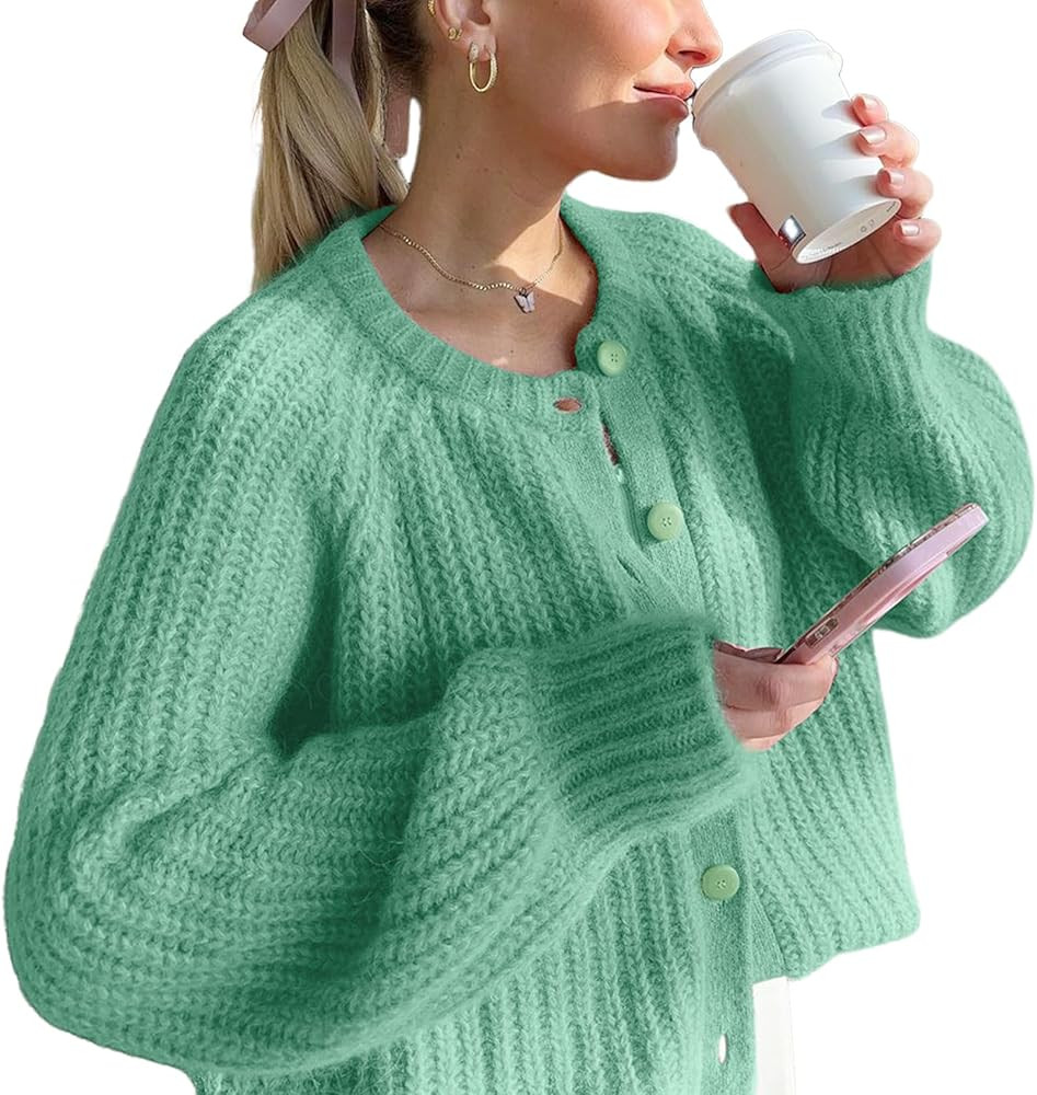 VDWIP Womens Cardigan Sweaters Button Down Chunky Knit Sweater Fall Loose Long Sleeve Cropped Car... | Amazon (US)