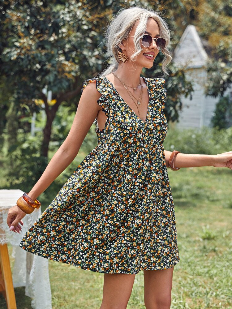 SHEIN Ruffle Trim Tie Back Ditsy Floral Dress | SHEIN