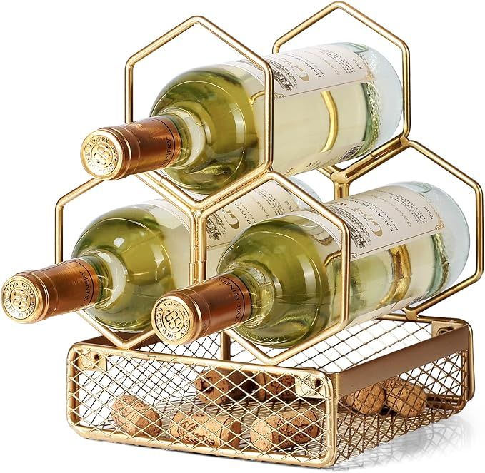 Drincarier Countertop Wine Rack, 3 Bottle Gold Wine Bottle Holder Cork Holder, Wine Rack with Cor... | Amazon (US)