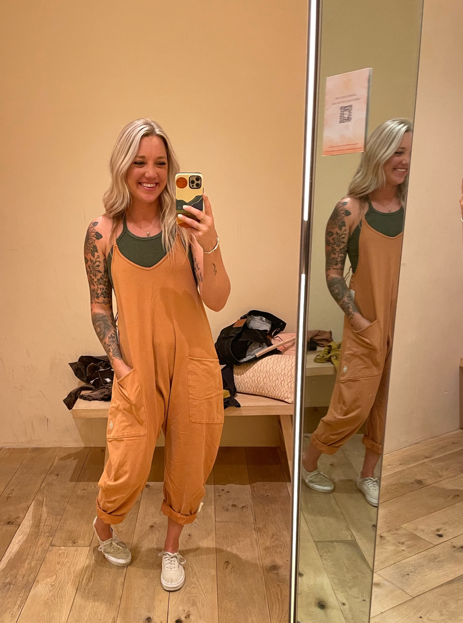 My favorite jumpsuit! It’s oversized so this is XS 
Top is XS/S - secret moss (I have this top in like 10 colors) 