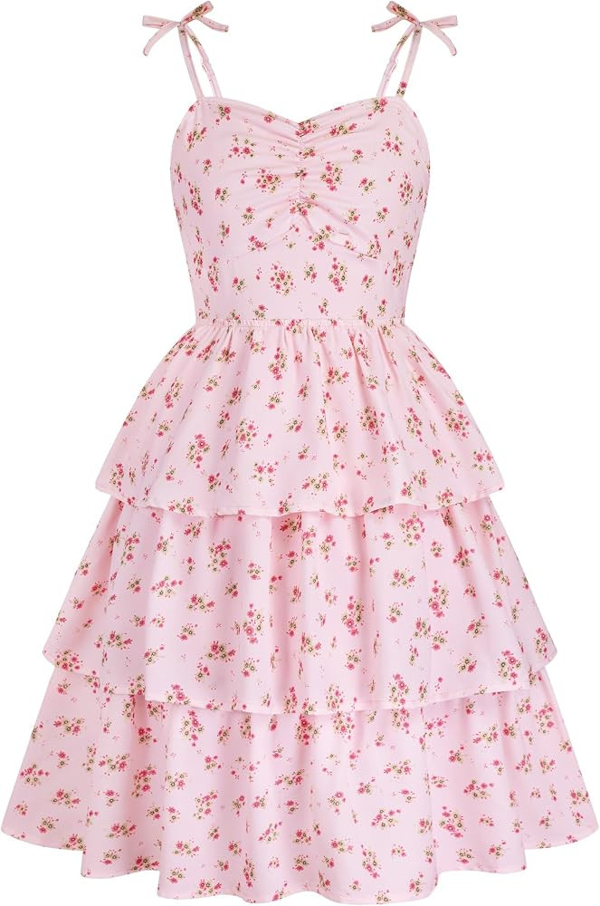 Girls Summer Dress Teen Spaghetti Strap Ruched Sweetheart Short Dresses Kids Junior Ruffle Tiered... | Amazon (US)