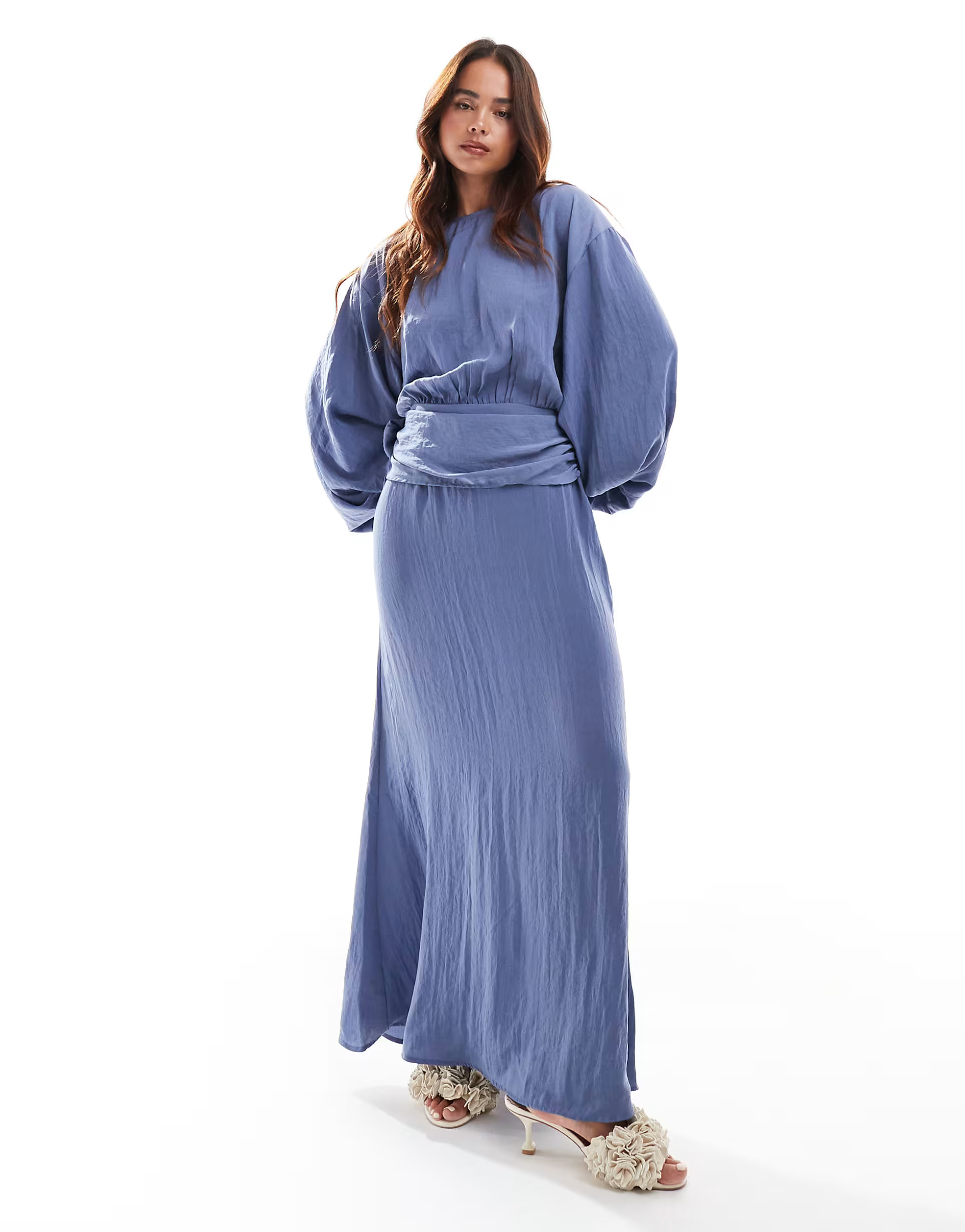ASOS DESIGN high neck batwing ruched waist satin maxi dress in slate blue | ASOS (Global)
