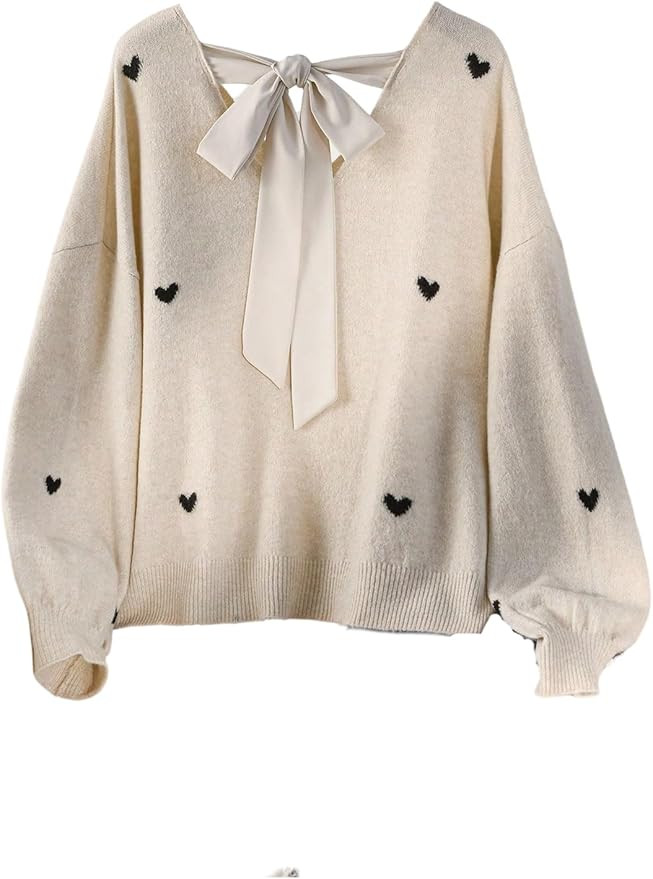 Women's Plus Size Heart Graphic Sweaters Y2k Bow Tie Back V Neck Long Sleeve Knitwear Tops Fall C... | Amazon (US)