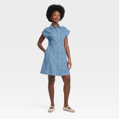 Women's Denim Flouncy Dress - Universal Thread™ Medium Wash S: Cotton Blend, Front Button Down, Cap Sleeve, Knee Length | Target
