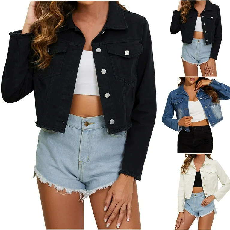 Short Denim Jacket for Women Pockets Long Sleeve Frayed Hem Cropped Jean Outwear Black Blue White... | Walmart (US)