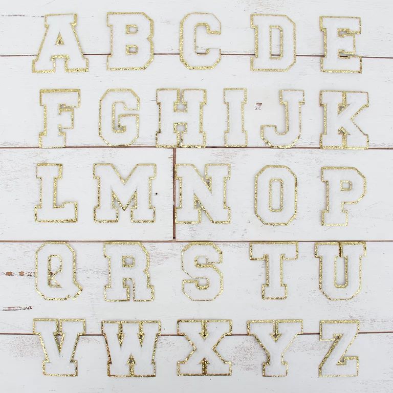 26 Letter Set Chenille Iron On Glitter Varsity Letter Patches - White Chenille Fabric With Gold G... | Walmart (US)