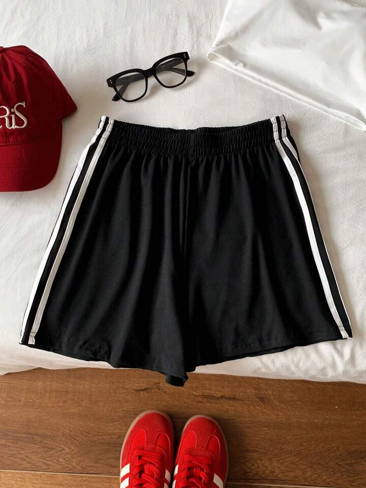Comfortcana Contrast Striped Side Elastic Waist Casual Shorts | SHEIN