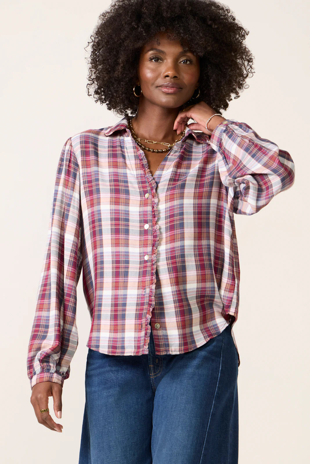 Plaid Ruffle Button Down | Evereve