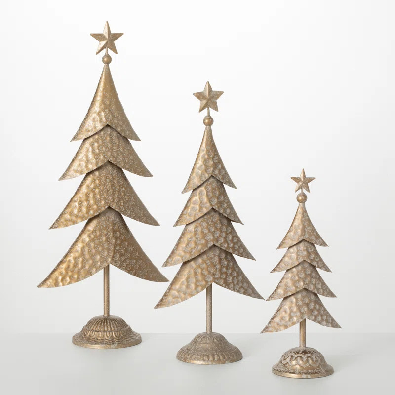 13.25"H, 18.25"H And 22"H Gold Metal Tree Figurine Trio, Christmas Decor; Gold | Wayfair North America