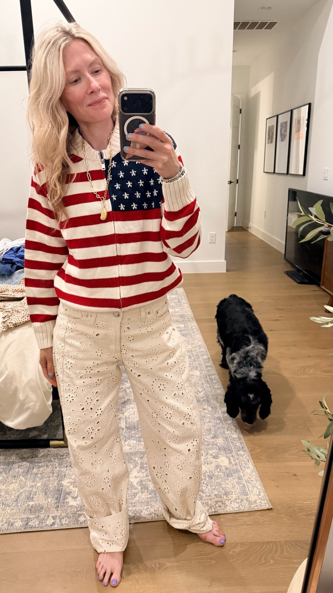 Americana flag sweater from Target would be a perfect cozy 4th of July look! In a small in sweater and 26 in jeans.

#LTKdayinmylife #LTKSeasonal #LTKootd