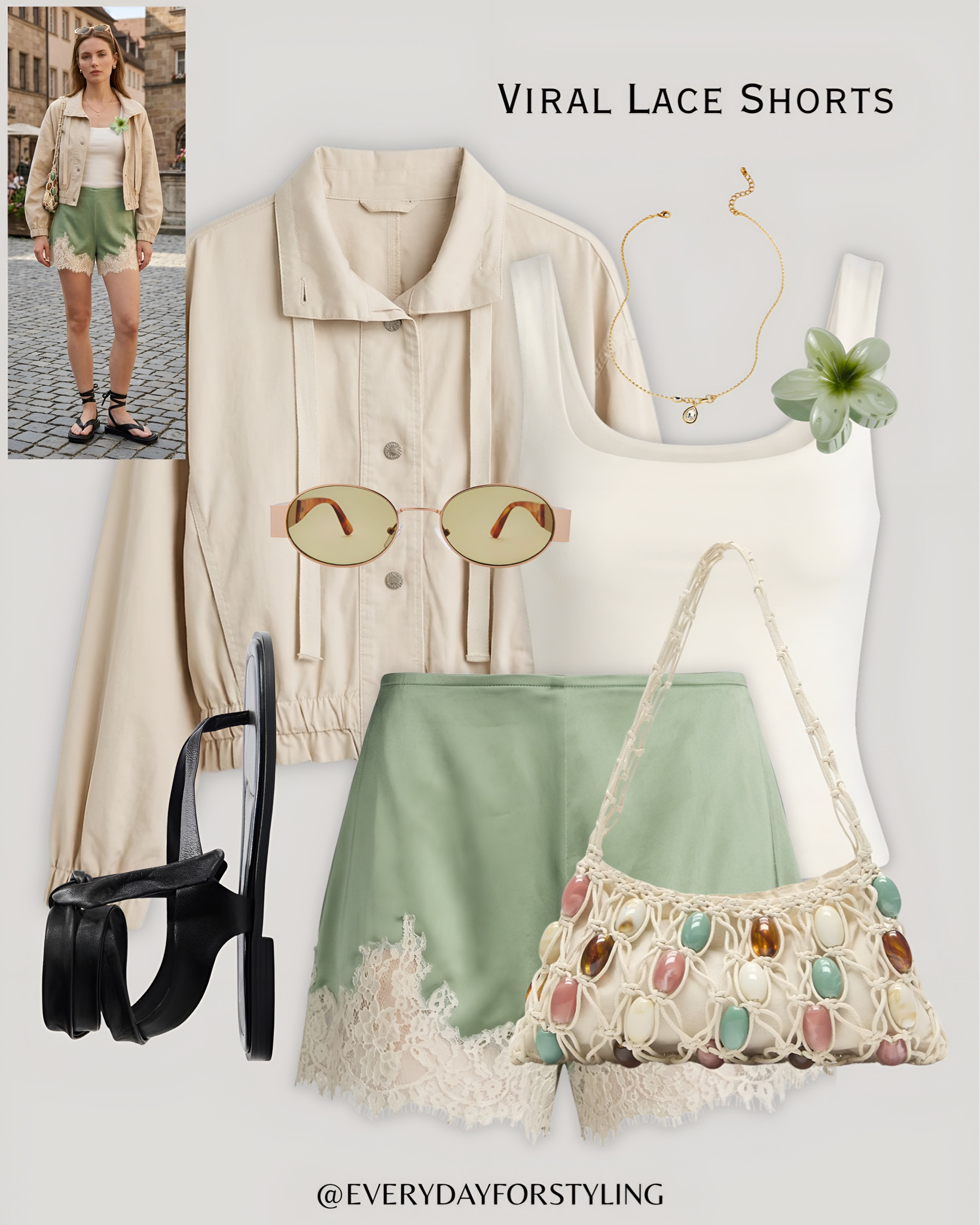 Sage green satin meets beige jacket and a beaded bag — this is European summer street style at its most effortless 💚

viral lace shorts, satin lace shorts outfit, lace hem shorts styling, European summer outfit, quiet luxury summer, affordable chic outfits, H&M summer finds, summer outfit inspo, casual chic looks, lace shorts street style, summer fashion 2026, how to style shorts, elevated casual outfits, neutral summer aesthetic, high street fashion finds, outfit carousel ideas, summer wardrobe essentials, layered summer looks, soft girl summer aesthetic, style inspiration women, everydayforstyling 

#LaceShortsStyling, #EuropeanSummerStyle, #ViralLaceShorts, #StreetStyleOutfits, #SummerOutfitInspo


#LTKootd #LTKSeasonal #LTKTravel