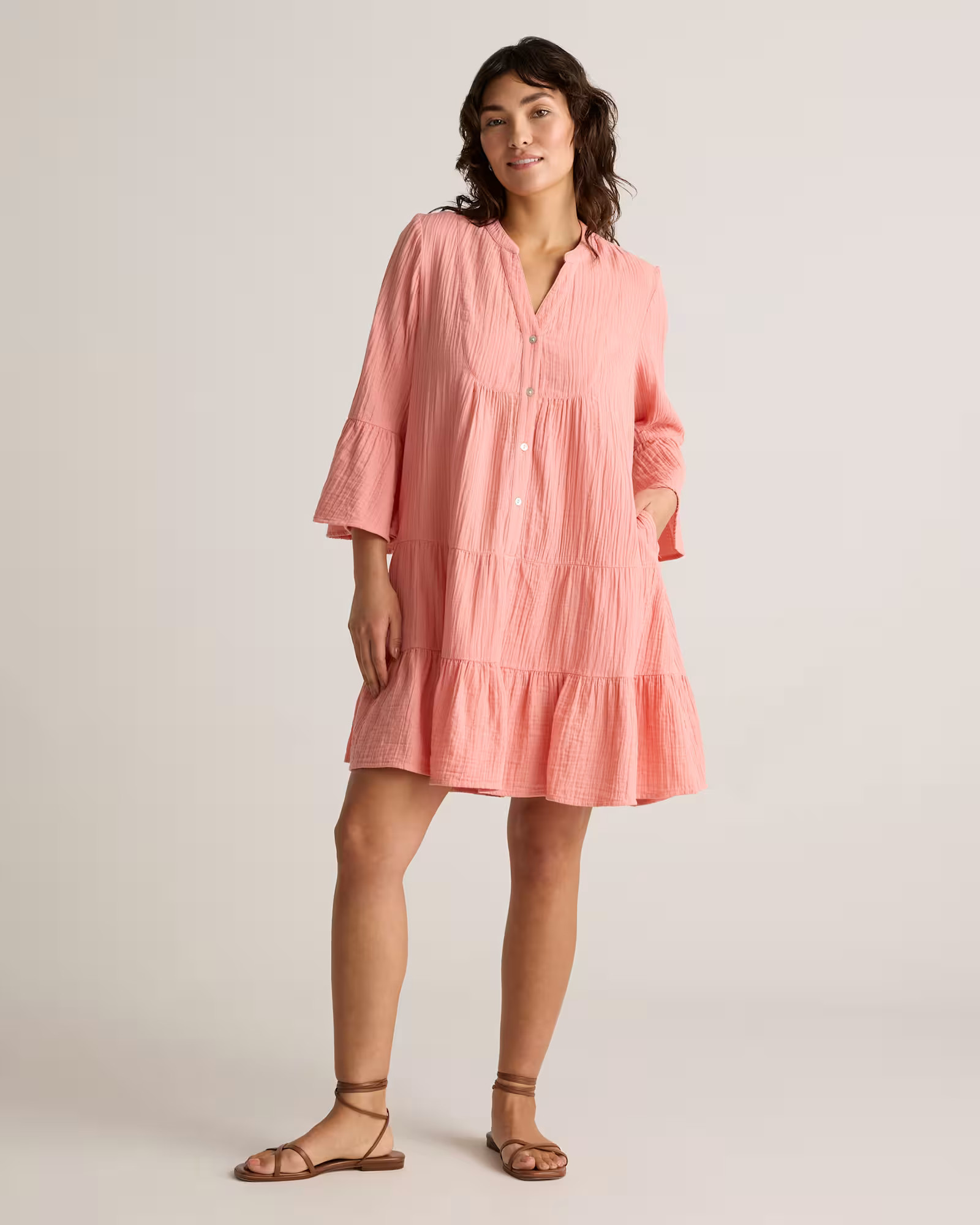 100% Organic Cotton Gauze Long Sleeve Tiered Mini Dress in Coral Blush | Quince