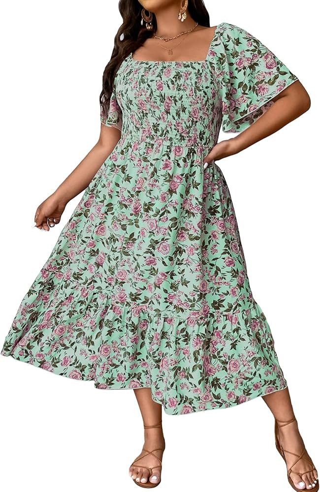 MakeMeChic Women's Plus Size Floral Boho Puff Sleeve Square Neck Shirred Split A Line Summer Long... | Amazon (US)