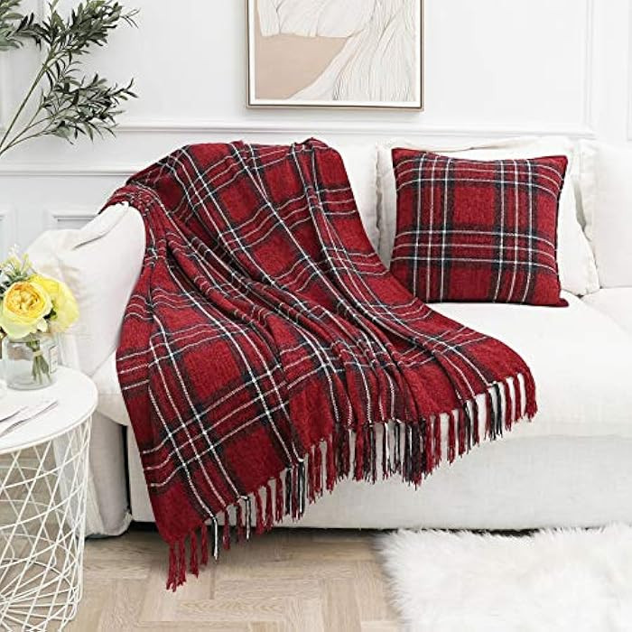 Muse Dream Chenille Fringe Plaid Throw Blanket Red Navy Holiday Classic Buffalo Lightweight Blank... | Amazon (US)