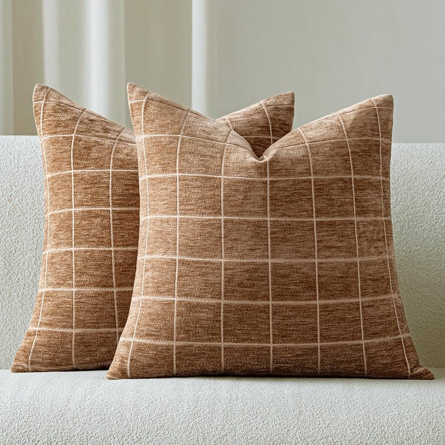 Decorative Chenille Plaid Throw Pillow Covers 20x20 Inch Set of 2 Vintage Check Couch Pillows Neu... | Amazon (US)