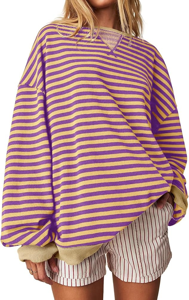 Fisoew Womens Striped Oversized Sweatshirt Color Block Crew Neck Long Sleeve Shirt Casual Loose P... | Amazon (US)