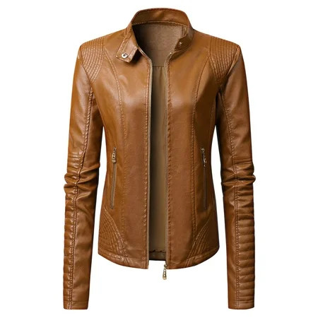 YWDJ Cropped Leather Jacket Women Fashion Jacket Solid Long Sleeve Zipper Pocket Outerwear Tops Shor | Walmart (US)