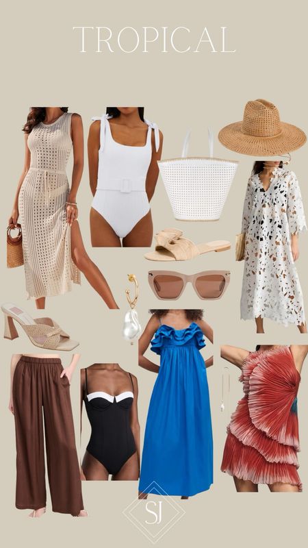 Tropical favorites

Neutral coverup 
White bathing suit
Beach bag
Sun hat
Statement cover up
Natural slides
Neutral sunnies
Large pearl hoops
Weaved heel
Silk cover up pants
B/W classic swimsuit 
Colorful dress
Pearl drops
Statement dress 