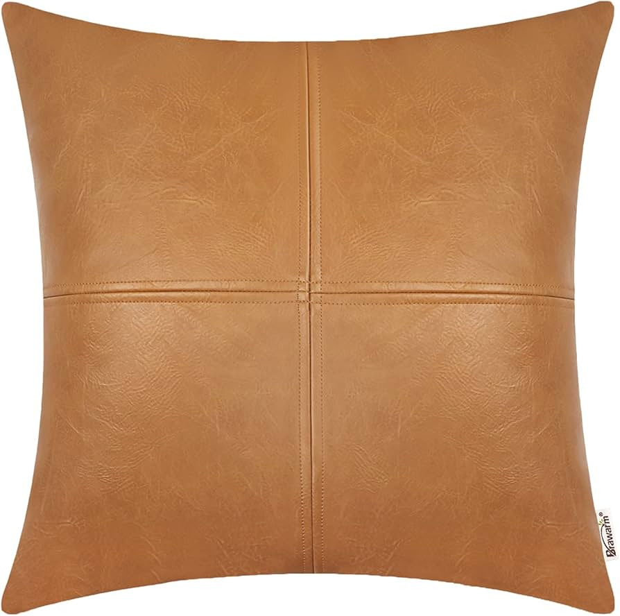 BRAWARM Faux Leather Throw Pillow Covers 20 X 20 Inches, Tan Leather Pillow Cover, Hand Stitched ... | Amazon (US)