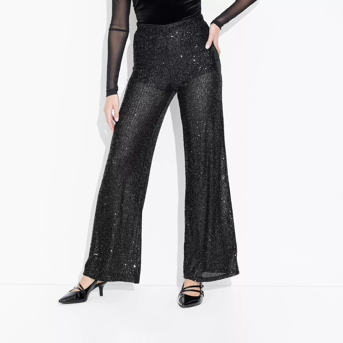 Women's Mid-Rise Sequin Wide Leg Party Pants - Wild Fable™ Black M | Target