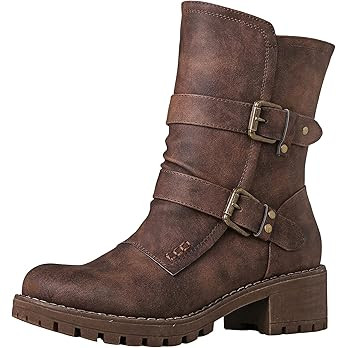 GLOBALWIN Lace up Mid Calf Motorcycle Fashion Festival Boots Combat Riding Military Boots for Wom... | Amazon (US)