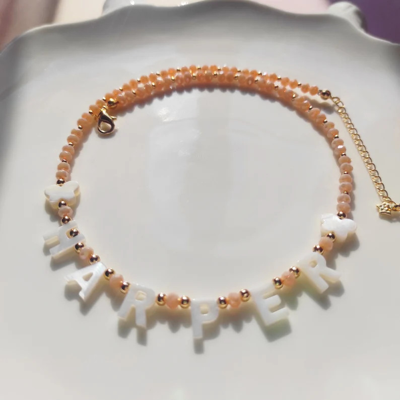 Delicate Custom Name Necklace, Mother of Pearls Letter Beads Personalized Name Choker, Birthday G... | Etsy (US)