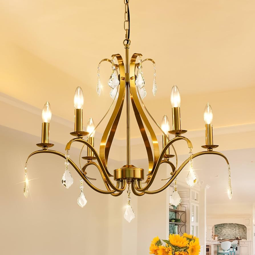 24" Gold Chandelier Light Fixture Farmhouse: 6-Light Crystal Chandeliers for Dining Room,Foyer Ch... | Amazon (US)