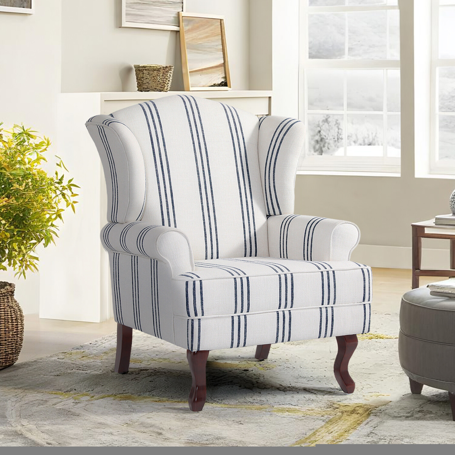 DREAMSIDEA Mid Century Navy Stripe Accent Chair, Comfy Upholstered Wingback Accent Chair Reading Chair for Living Room Bedroom Guest Room,Navy Blue and White - Walmart.com | Walmart (US)
