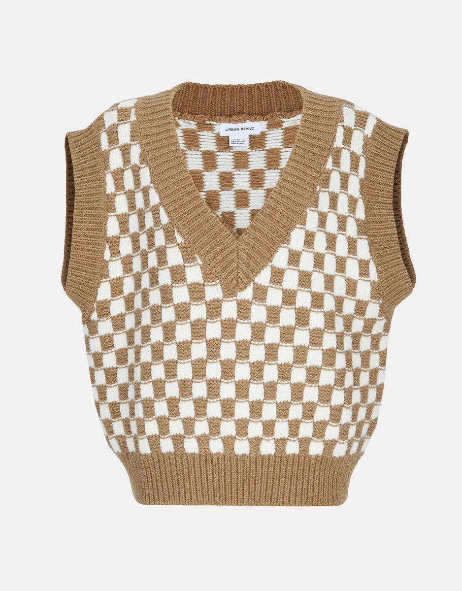 Checkered Pattern Rib Knit Sweater Vest | Urban Revivo