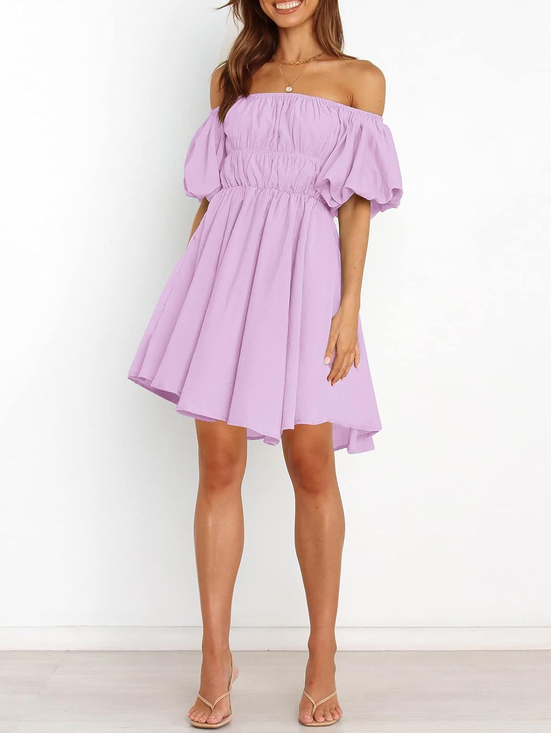 MEROKEETY Women's Puff Sleeve Off Shoulder A Line Dress Ruffle Shirred Summer Mini Dress with Poc... | Amazon (US)