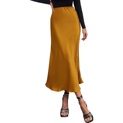 LEVEN SIXTEEN Women's 2025 Satin Midi Skirt - Elegant High Waist A-Line for Cocktail & Wedding Events Brown Yellow Brown Yellow Small | Target