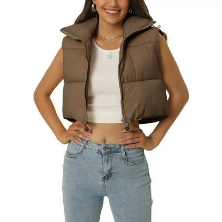 Unique Bargains Women s Padded Vest High Stand Collar Zip Crop Fashion Jacket Puffer Vests M Brown | Walmart (US)