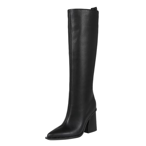 YYBYYB Black Boots for Women Knee High Tall Boots Block Chunky Heel Fall Boots Pointed Toe with Side Zip for Work Daily 8 | Amazon (US)