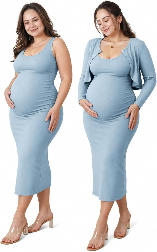 2 PCS Maternity Dress Short Cardigan Set Maxi Bodycon Formal Dresses Spring Summer Casual Baby Sh... | Amazon (US)