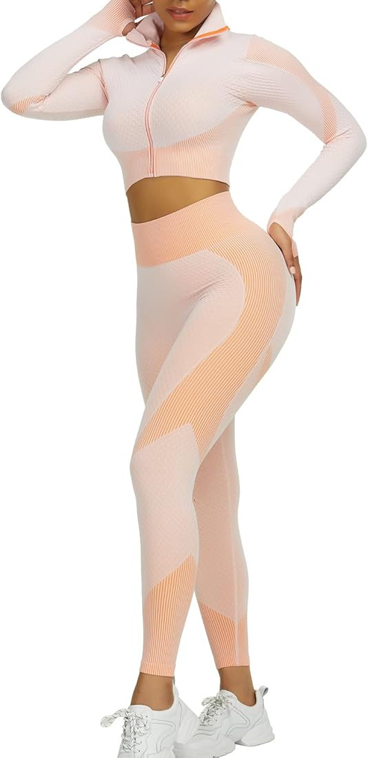Workout Sets for Women 2 Piece - Seamless Textured High Waist Leggings and Crop Top Gym Sets | Amazon (US)