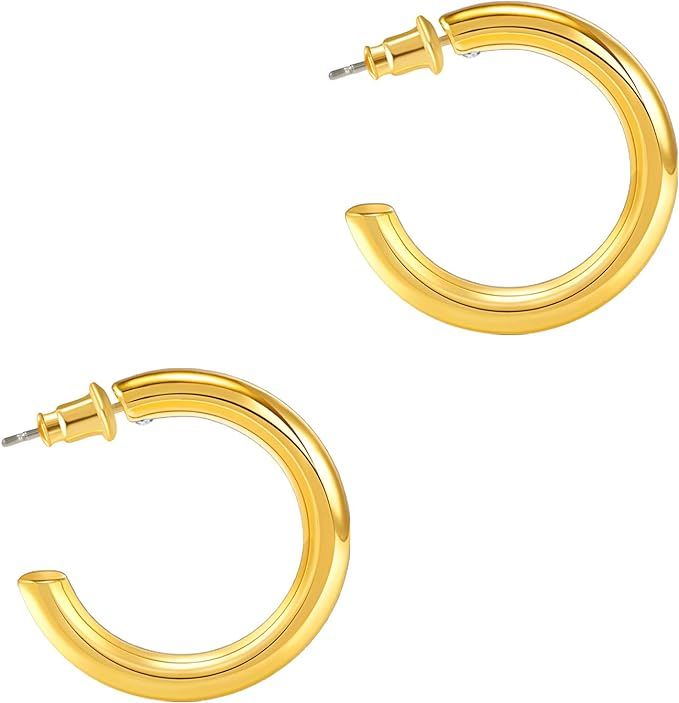 Chunky Gold Hoop Earrings for Women - 18K Thick Open Hoops Super Lightweight Round-Tube Minimalis... | Amazon (US)