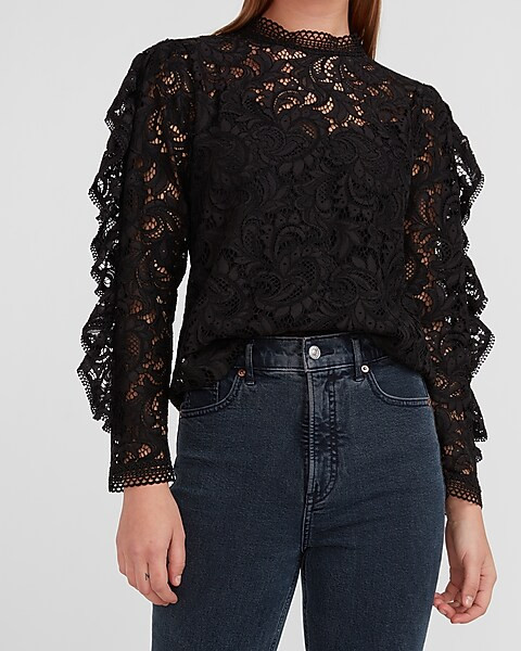 Lace Mock Neck Ruffle Sleeve Top | Express