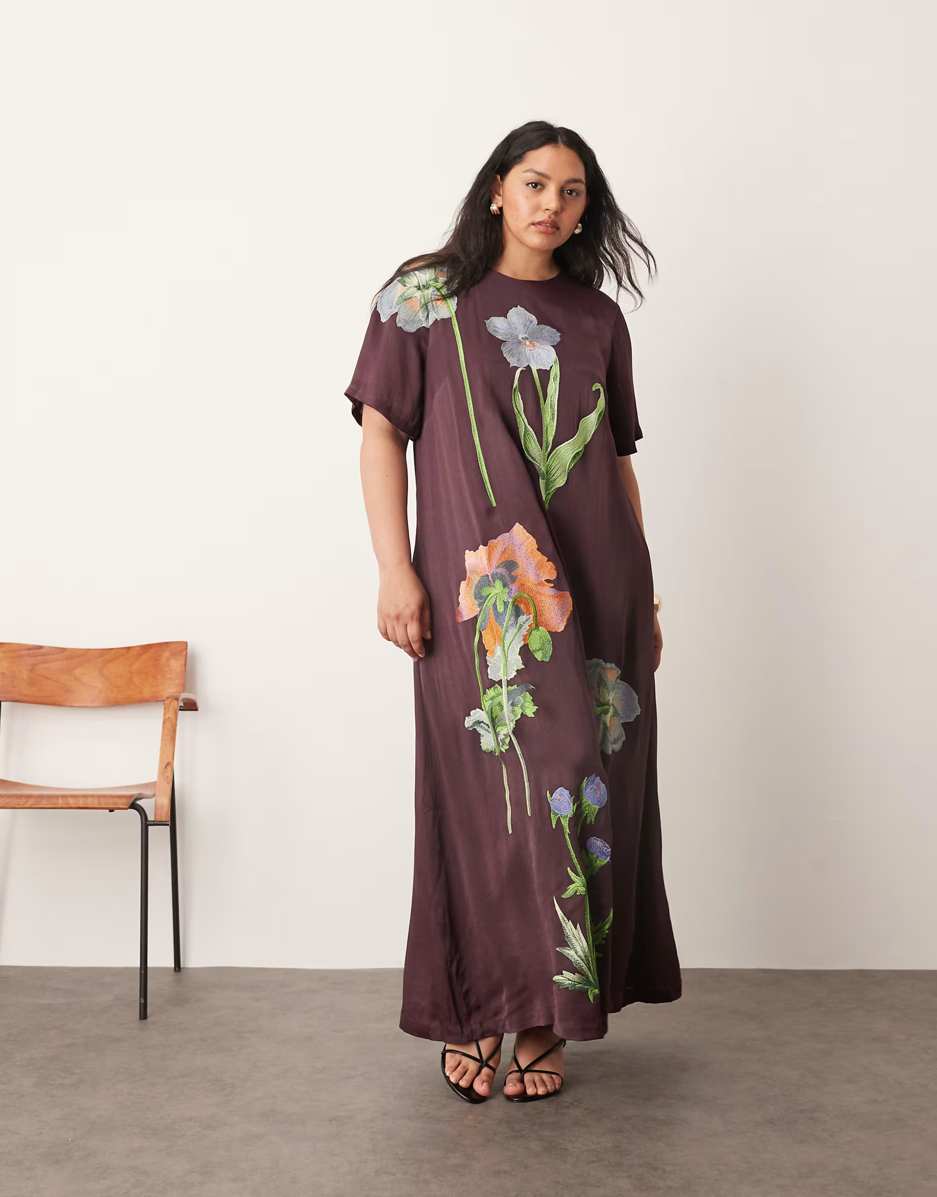 ARRANGE Curve satin floral embroidered t-shirt maxi dress in chocolate | ASOS | ASOS (Global)