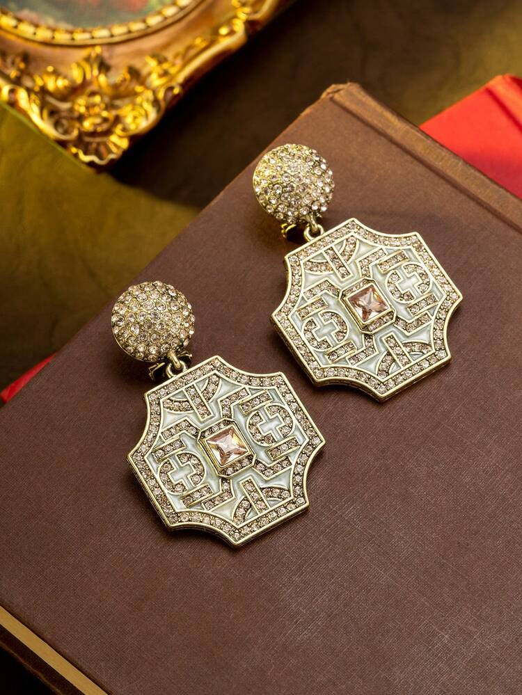 A Vintage Bohemian Style Octagonal Geometric Enamel Rhinestone Earrings. Distressed Antique Gold ... | SHEIN