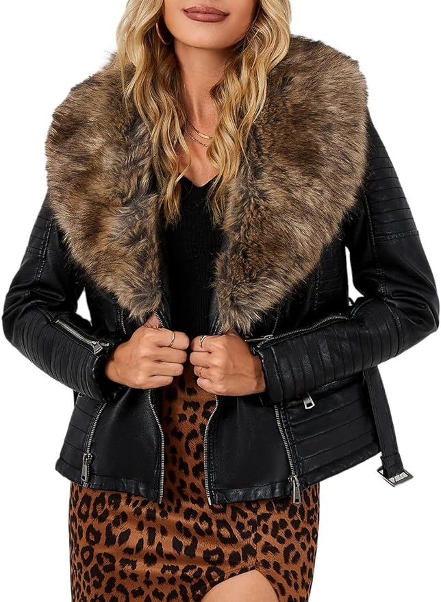Bellivera Women's Faux Leather Jacket Moto Biker Sherpa-Lined Coat with Removable Fur Collar | Amazon (US)