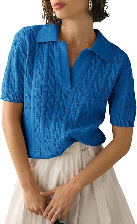 Imily Bela Women's Cable Short Sleeve Sweaters Tops Solid Lapel V Neck Knit Casual Soft Pullover ... | Amazon (US)