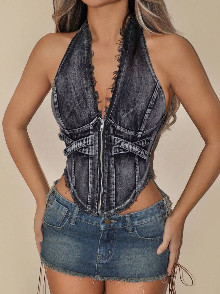 SHEIN ICON Women Deep V-Neck Sleeveless Backless Denim Fringe Crop Tops | SHEIN