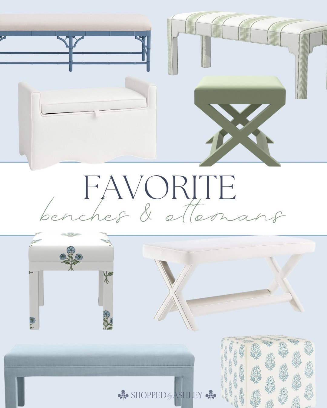 Classic coastal benches and ottomans for your living room, bedroom, etc 

White bench, storage bench, blue bench, upholstered bench, Serena and Lily style, Ballard designs, classic home, blue and green decor, classic style, Grandmillennial decor, Grandmillennial style, blue and white 

#LTKHome #LTKStyleTip #LTKSaleAlert
