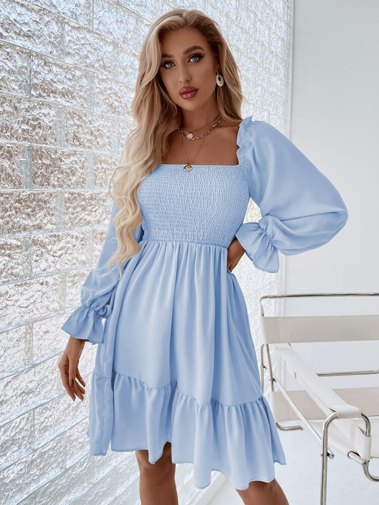 Square Neck Shirred Bodice Flounce Sleeve Ruffle Hem Dress | SHEIN