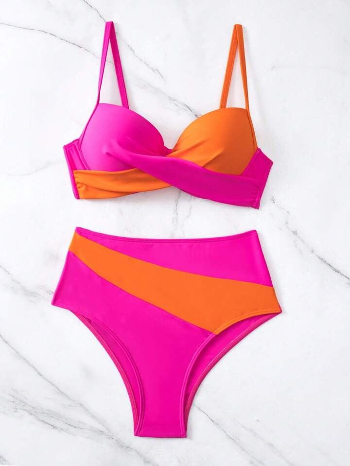 SHEIN Swim Summer Beach Color Block Push Up High Waisted Bikini Set, Vocation Swimsuit | SHEIN