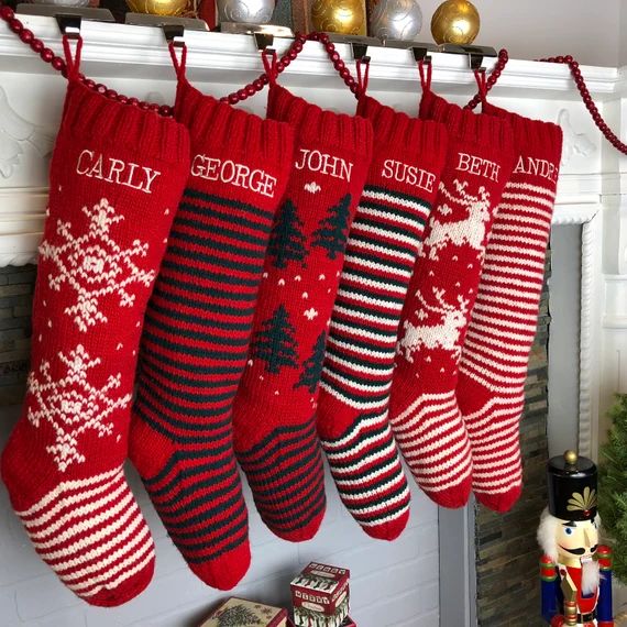 Personalized Christmas Stockings Hand Knit Wool Stockings Red and White | Etsy (US)