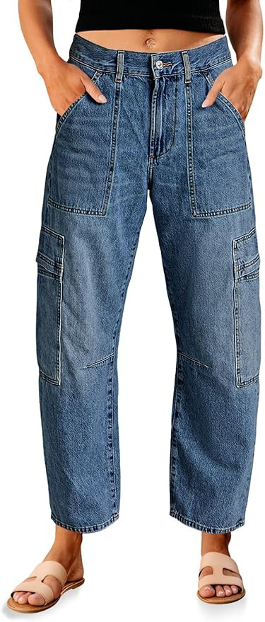 PLNOTME Womens Cargo Barrel Jeans High Waisted Boyfriend Baggy Denim Pants with 6 Pockets | Amazon (US)