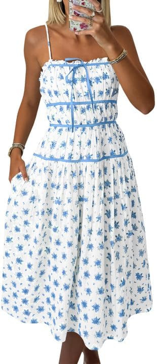 Wenrine Womens Floral Midi Dress Summer Spaghetti Strap Casual Sleeveless Ruffle Boho Flowy Beach... | Amazon (US)